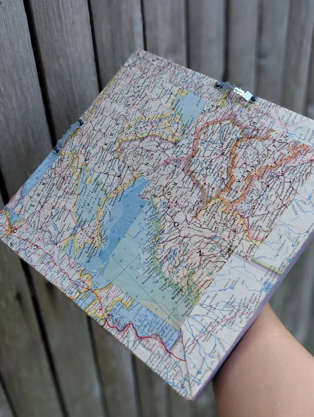 Handmade blue wooden mini wall curio display shelf w/ vintage road maps